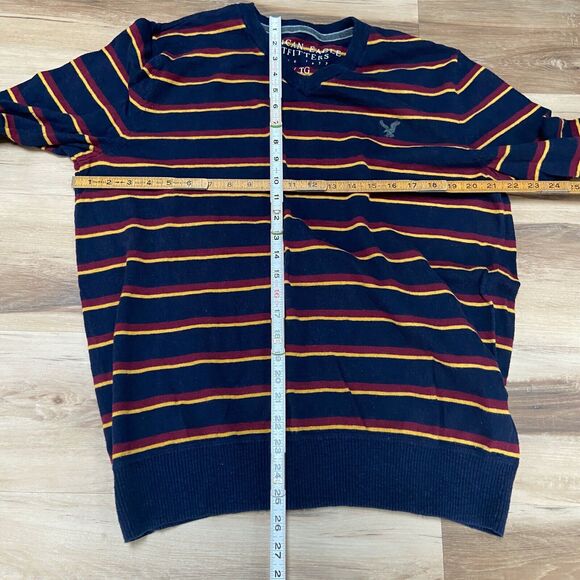American Eagle Sweater Mens XL Navy Blue Striped V Neck Long Sleeve Pullover - Picture 6 of 7